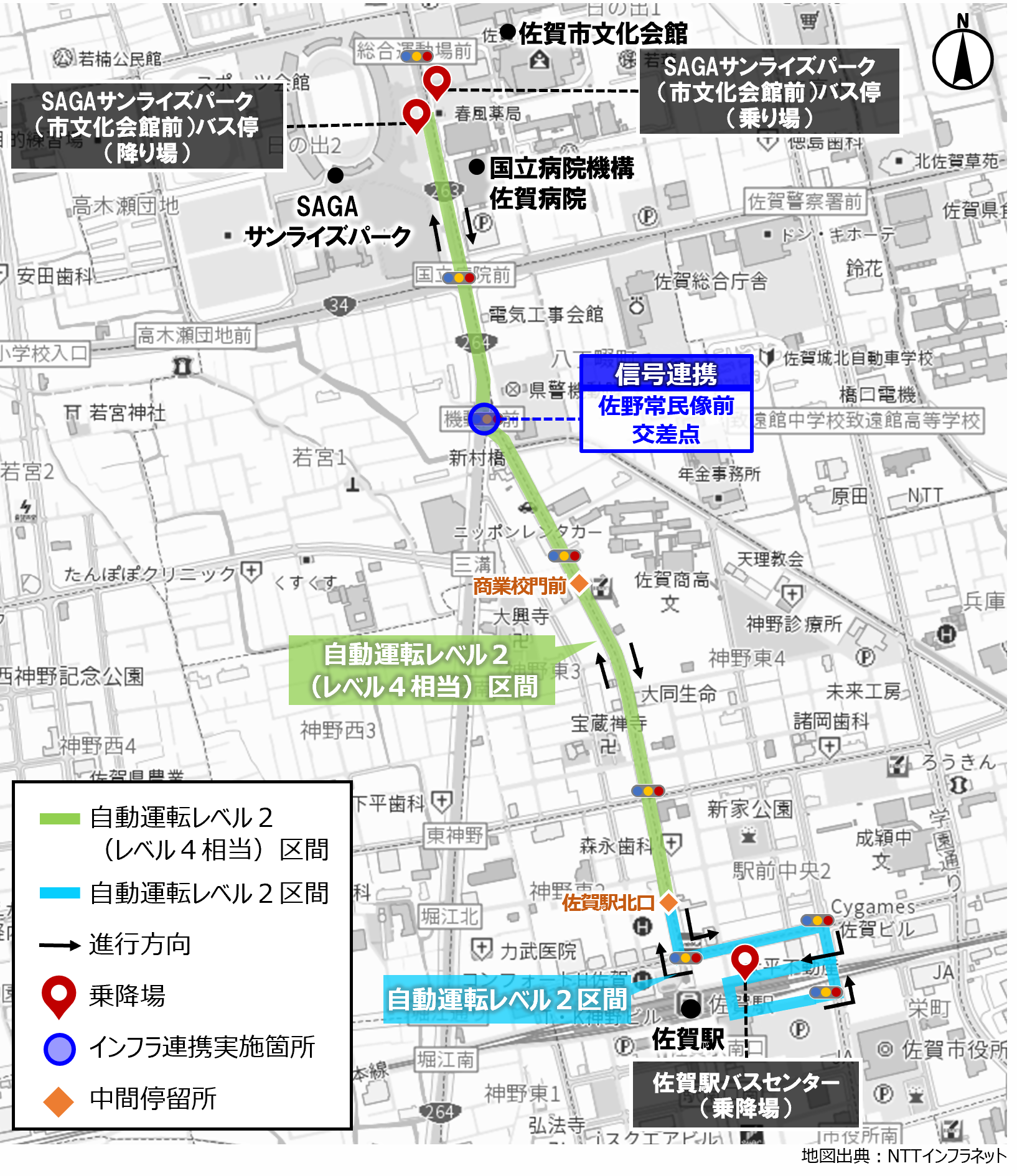 佐賀駅バスセンターからSAGAサンライズパークまでの運行ルートを示した回送区間なしの令和7年度実証位置図