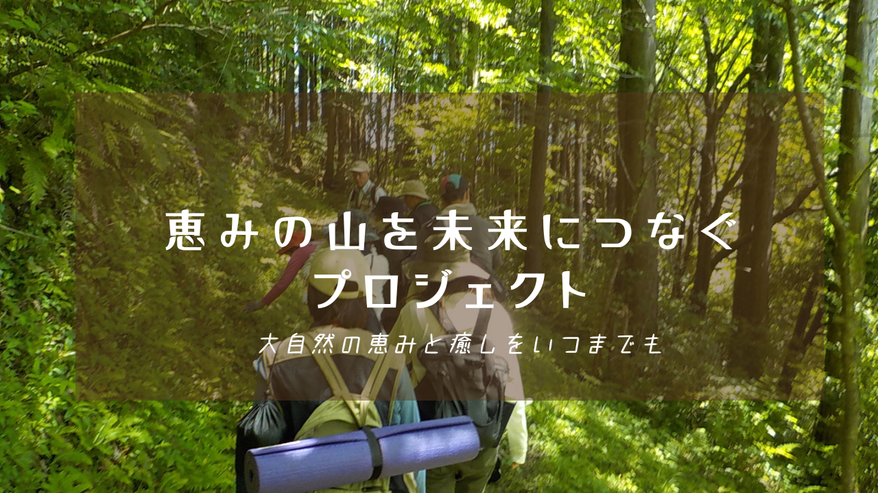 木漏れ日が差し込む緑豊かな森の中を歩く人々の後ろ姿を背景に、「恵みの山を未来につなぐプロジェクト 大自然の恵みと癒やしをいつまでも」という白い文字が中央に配置された写真