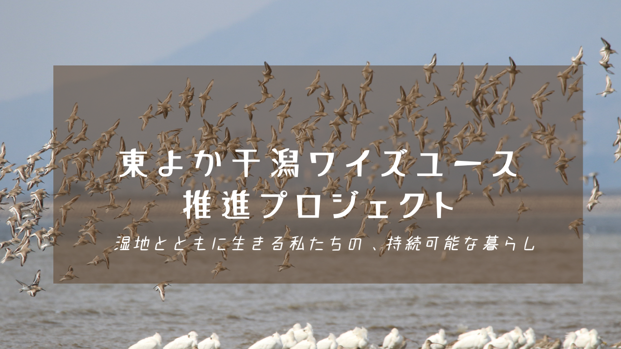 干潟の上空を無数の鳥たちが群れをなして飛んでいる風景を背景に、「東よか干潟ワイズユース推進プロジェクト 湿地とともに生きる私たちの、持続可能な暮らし」という白い文字が中央に配置された写真