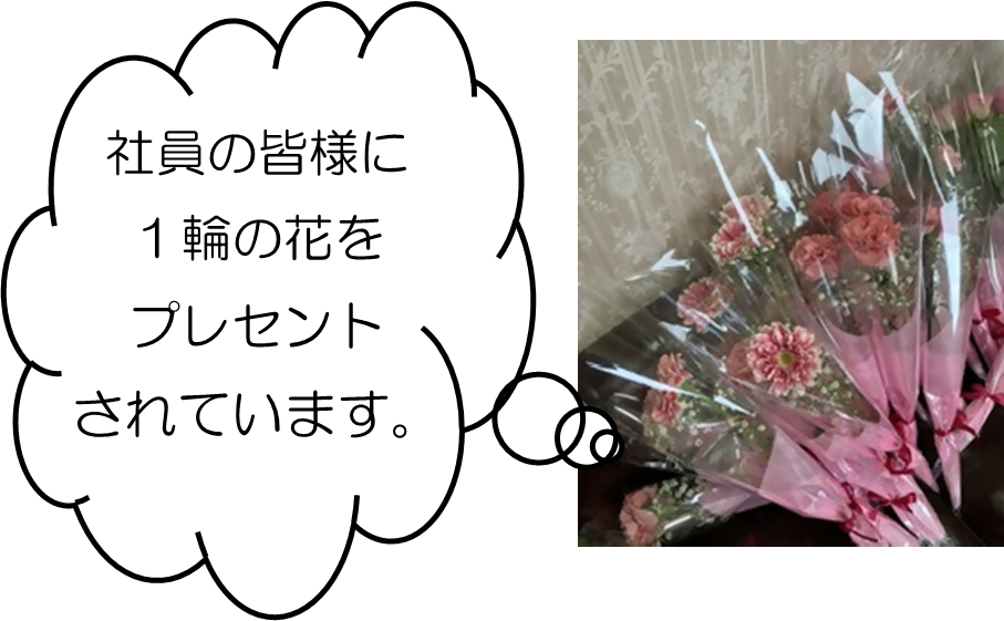 「社員の皆様に1輪の花をプレゼントされています。」というテキストが入った吹き出しと、ピンク色のカーネーションの1輪のミニブーケが複数並べられている写真