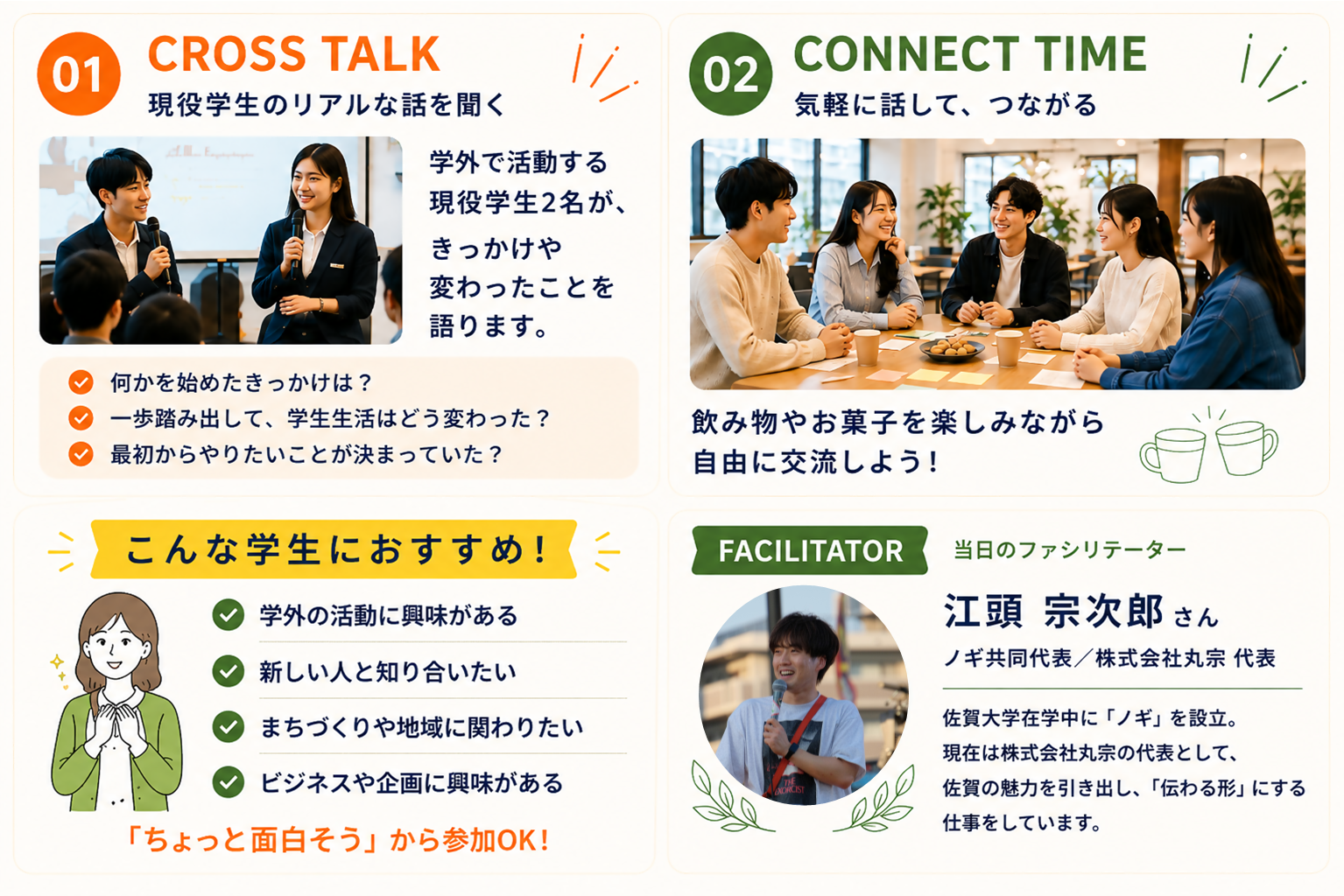 学生ゲストによるクロストークや交流タイムなど、CAMPUS LINK THIRD CAFEのイベント内容を紹介しています。