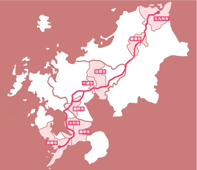 九州北西部の地図上に、北九州市から飯塚市、佐賀市、小城市、嬉野市、大村市、諫早市を経て長崎市までを結ぶ赤いルートラインが引かれ、各主要都市名がピンク色で塗りつぶされたシュガーロードマップ