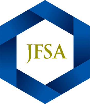 青い立体的な六角形フレームの中心に金色の「JFSA」が配置されたシンプルで重厚感のある一般社団法人日本中小企業金融サポート機構のロゴマーク