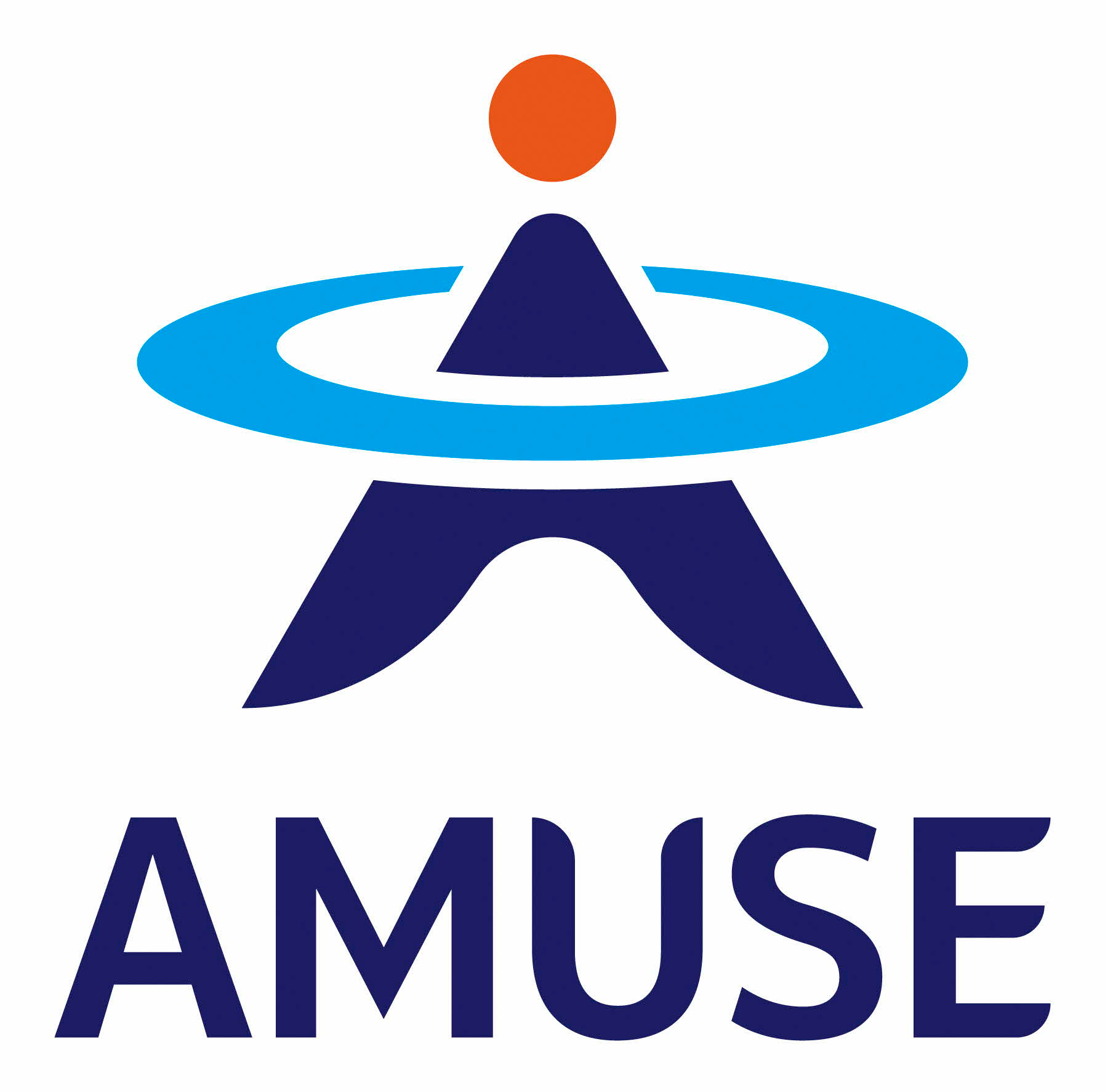 青とオレンジの抽象的な人物風シンボルがA字形を成し下部にAMUSEの文字が配置されたAMUSE株式会社のロゴマーク