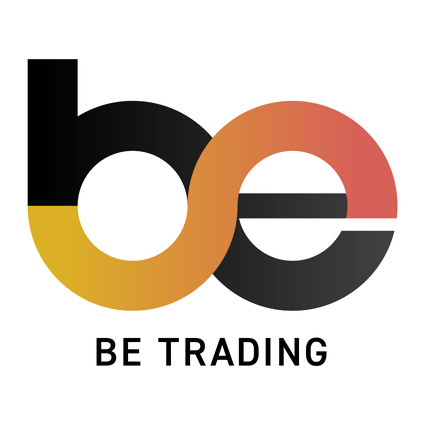 黒から橙へのグラデーションで構成された「be」の文字と下部の「BE TRADING」が整然と配置された株式会社ビートレーディングのロゴマーク