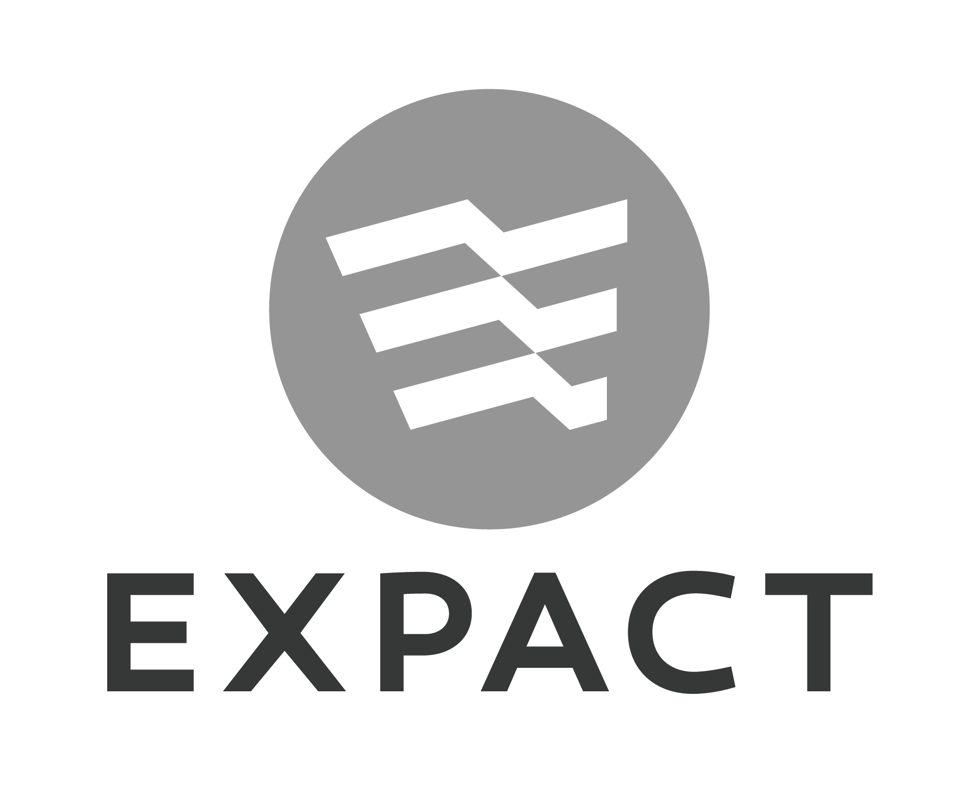 灰色の円内に斜めの白いラインが重なる抽象的なシンボルと下部の「EXPACT」文字が調和して配置されたEXPACT株式会社のロゴマーク