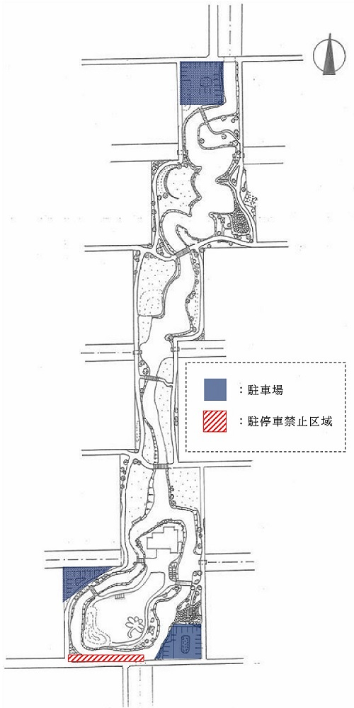 ひょうたん島公園駐車場と駐停車禁止区域の地図