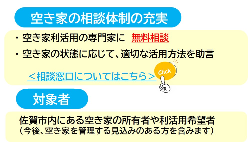 空き家の相談体制の充実 ·空き家利活用の専門家に無料相談 ·空き家の状態に応じて、適切な活用方法を助言 <相談窓口についてはこちら> 対象者 佐賀市内にある空き家の所有者や利活用希望者 (今後、空き家を管理する見込みのある方を含みます)(空家等の利活用に係る相談窓口を開設しましたのページへリンク)