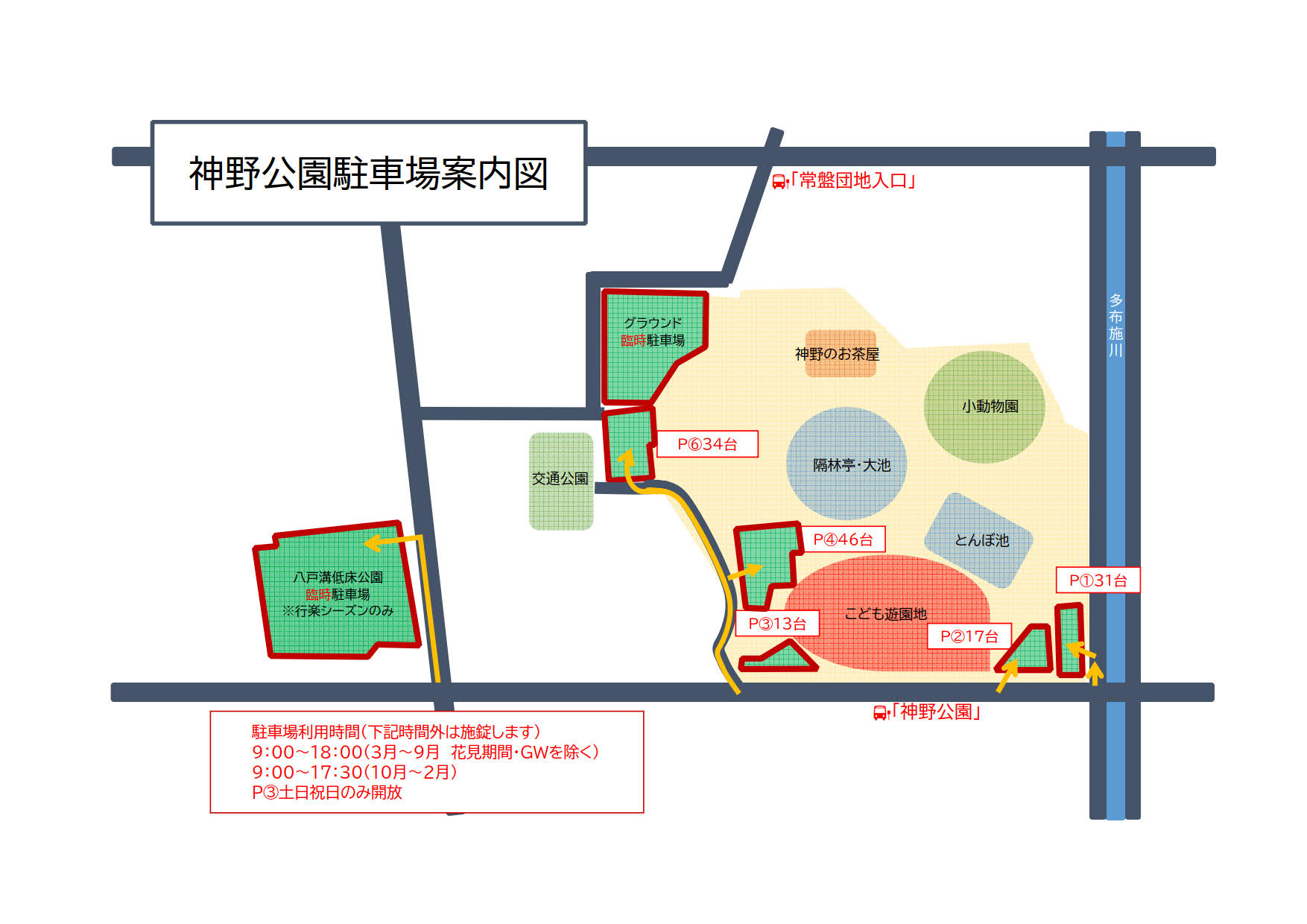 神野公園内の各施設の配置と駐車場の位置図