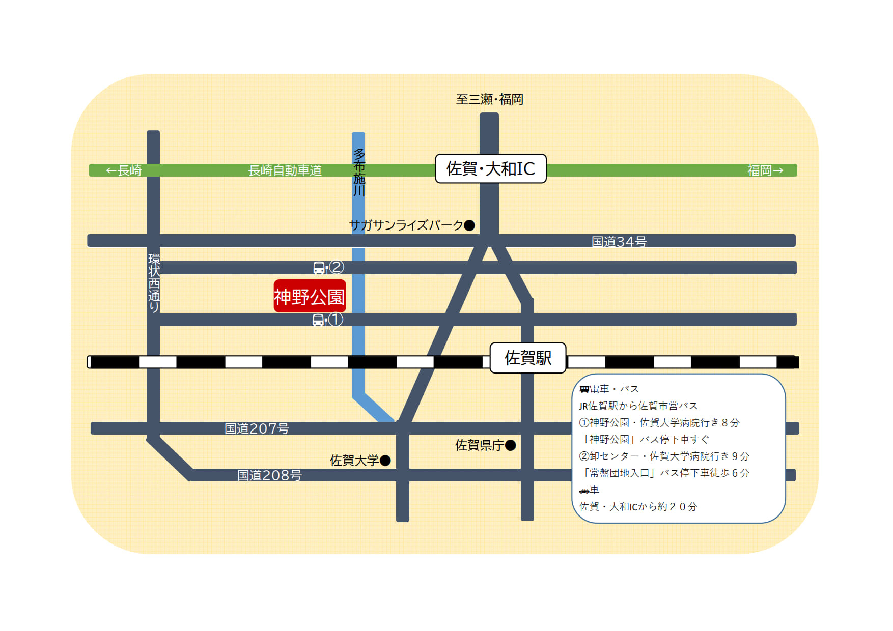 JR佐賀駅から北に位置する神野公園周辺の地図