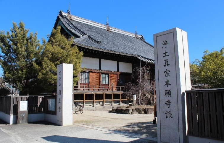 青空の下、浄土真宗本願寺派と刻まれた石柱に囲まれた門の奥に木造本堂と庭木が静かに佇む願正寺の写真