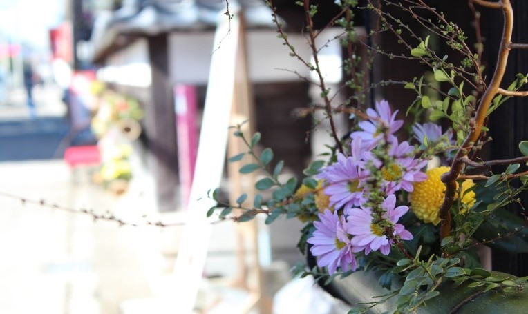 街道沿いの家屋の軒先に生けられた紫や黄の花が陽光を受けて鮮やかに映える写真