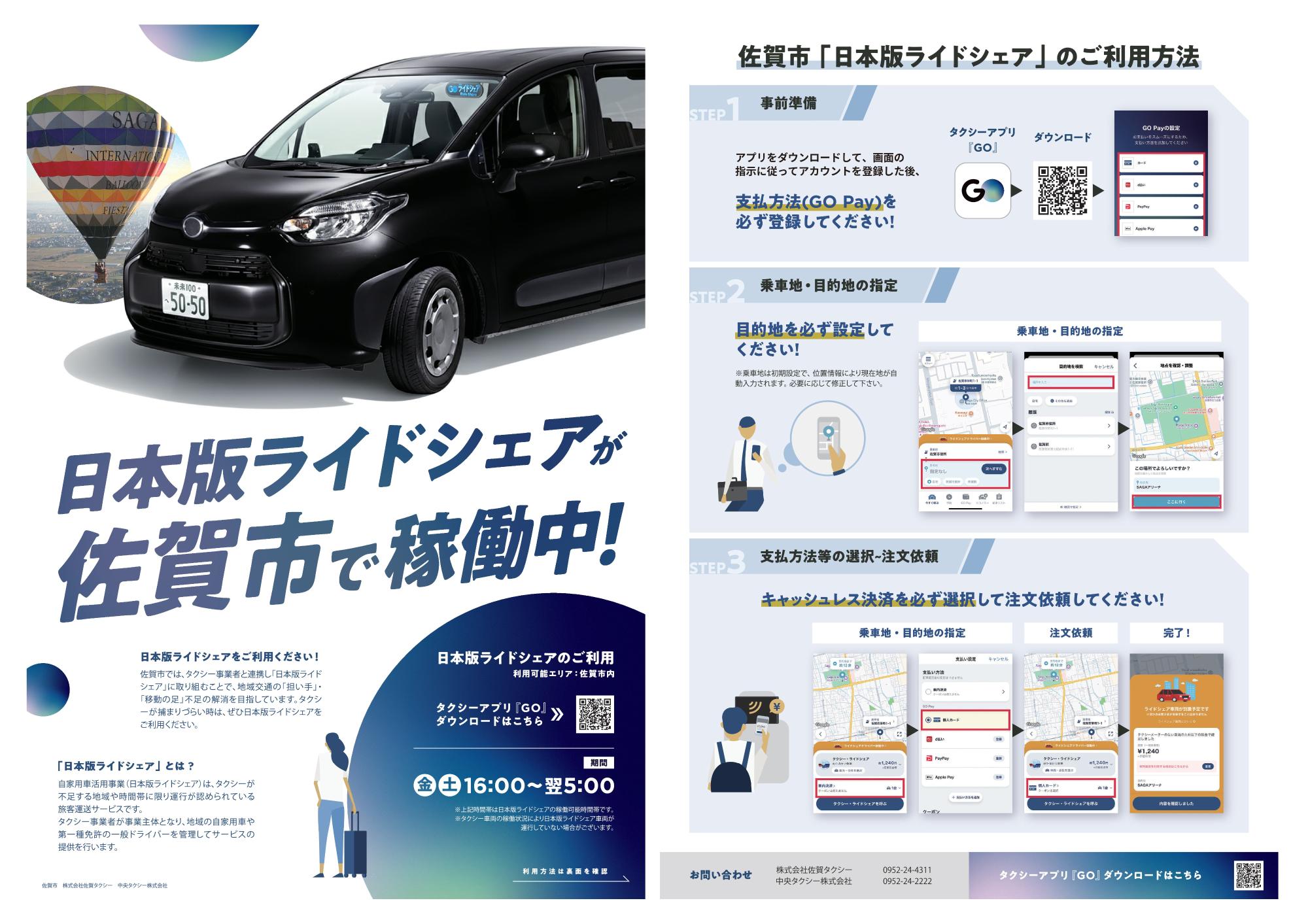 黒い車両の写真やアプリ操作手順の図が並び日本版ライドシェアの案内と利用方法をまとめた広報画像