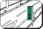 道路脇の塀から突き出すように縦長の緑色の看板が設置され、その看板が歩道や路肩の通行の妨げになっている様子のイラスト