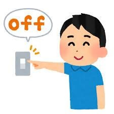 青い服を着た男性が壁のスイッチをオフにして節電している様子を描いたイラスト