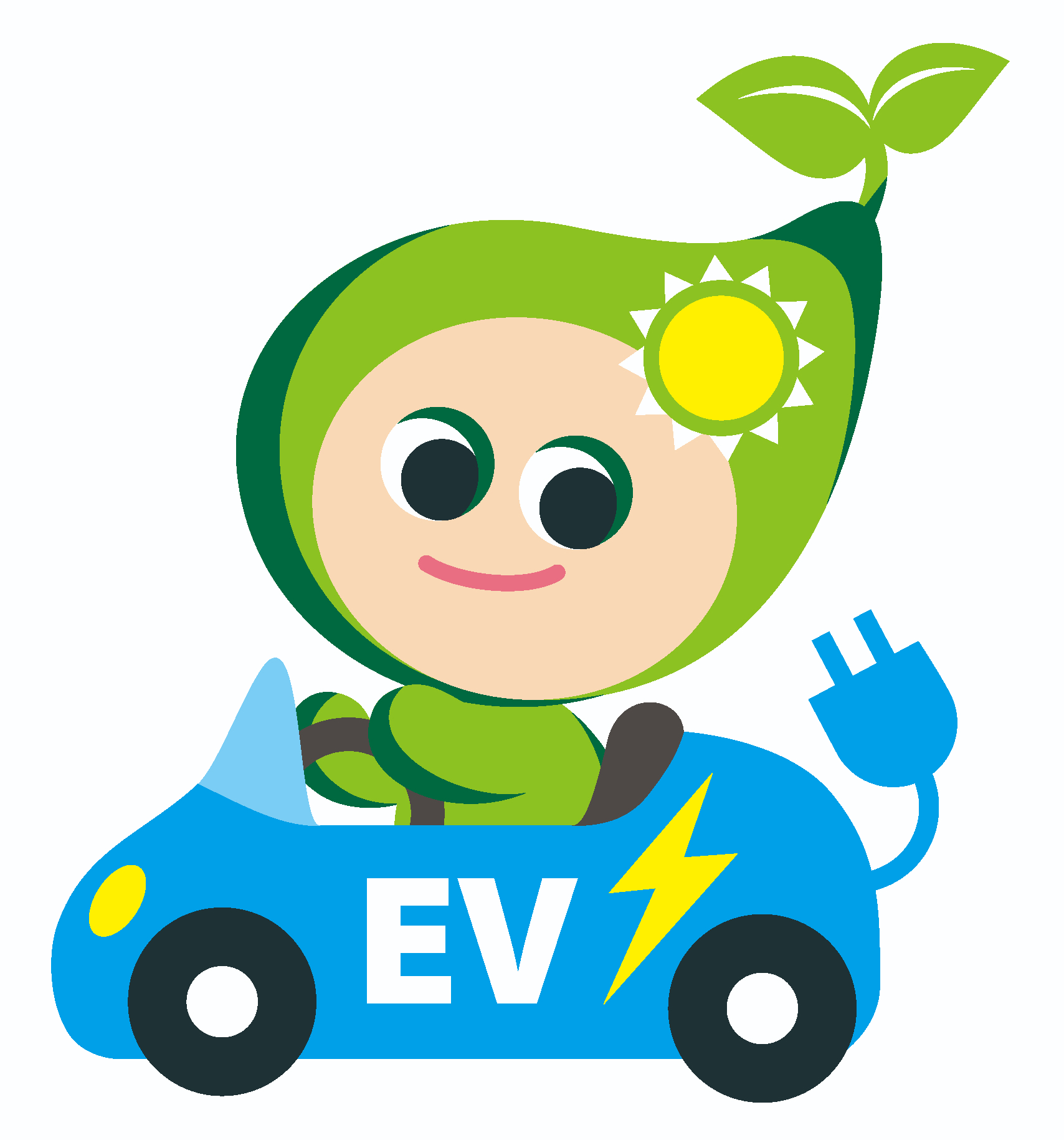 豊かなみどりと水辺をモチーフにしたイメージキャラクターこのんが充電プラグマークとEVの文字が描かれた青い電気自動車に乗っているイラスト