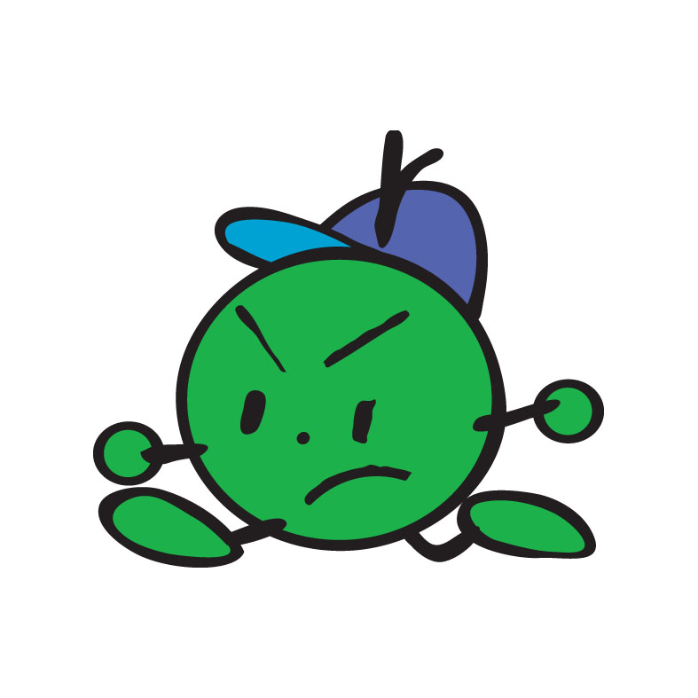 眉を吊り上げて困った表情で両手を広げているこどもエコクラブキャラクター かるいフットワークのイラスト