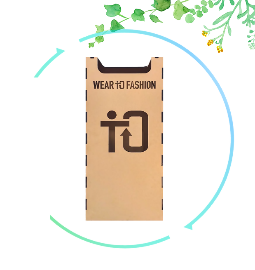 明るいベージュの背景に、「WEAR TO FASHION」の文字と循環を想起させるロゴが描かれた薄茶色の組み立て式回収ボックスが中央に配置され、その周囲を水色と緑色の円状の矢印と上部の植物のイラストが囲んでいる画像