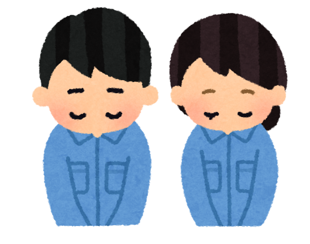 作業着姿の男女の作業員がお辞儀をしているイラスト
