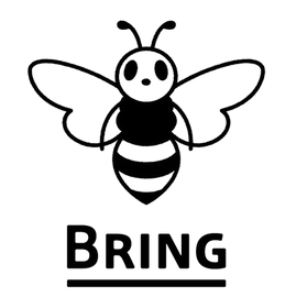白の背景に、ミツバチのキャラクターが上部に描かれ、その下に下線付きで「BRING」という太い大文字の英字が配置されたBRINGのロゴ