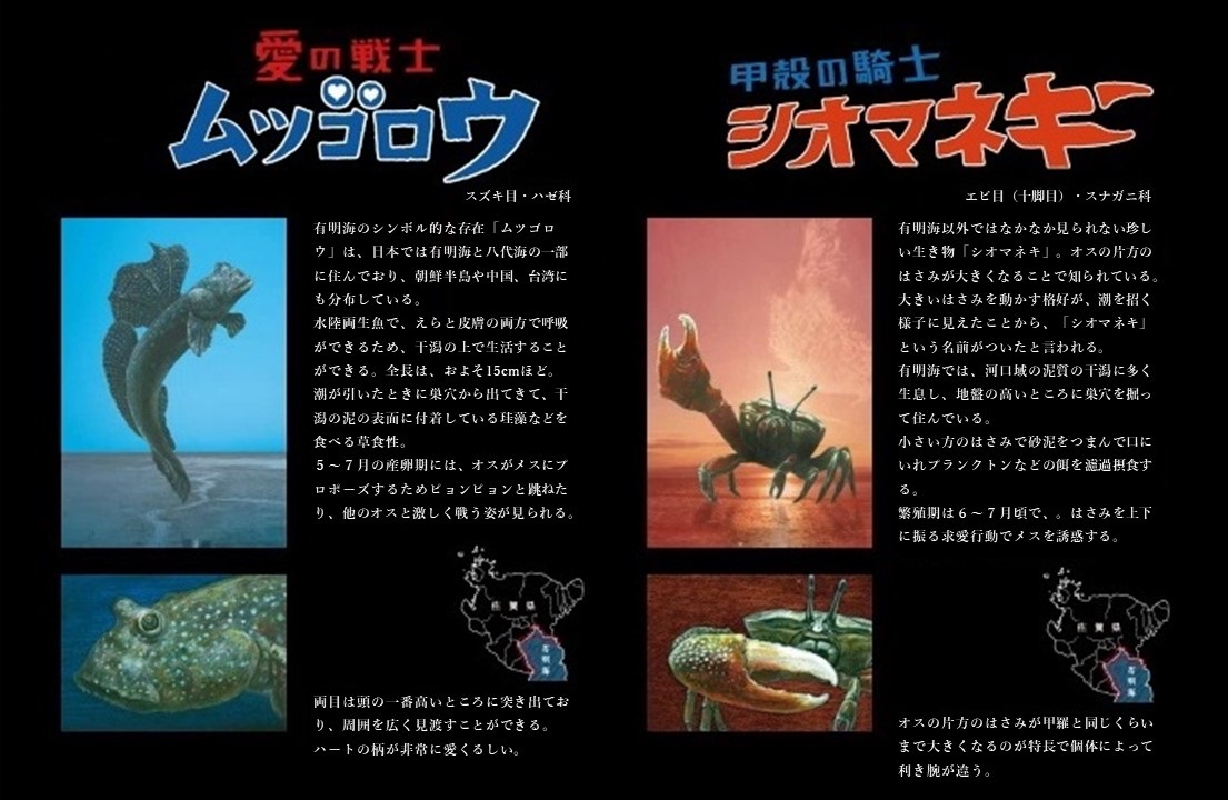黒い背景に、「愛の戦士ムツゴロウ」と「甲殻の騎士シオマネキ」というロゴが大きく表示された下に、左側にはムツゴロウ、右側にはシオマネキの生態や特徴に関する詳細な解説テキストと写真、生息域を示す地図が左右対照に配置された画像