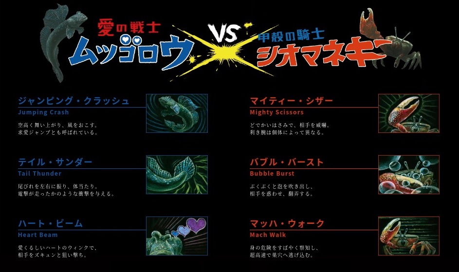 黒い背景の上部に「愛の戦士ムツゴロウ VS 甲殻の騎士シオマネキ」というタイトルの下に、ムツゴロウとシオマネキのそれぞれ三つの必殺技の名前、説明文、イメージイラストが左右に並んで紹介されている解説図画像