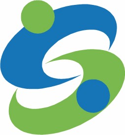 アルファベットの「S」の字をモチーフに、青色と黄緑色の曲線が上下で円を描くように重なり合い、それぞれの先端にドットが配置され佐賀市章の画像