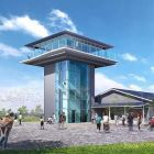 ガラス張りの展望フロアを備えたモダンなタワー状の建物と、それに隣接する平屋の施設が広場に面して立っており、その周辺を多くの人々が散策したり集まったりしている様子のイラスト