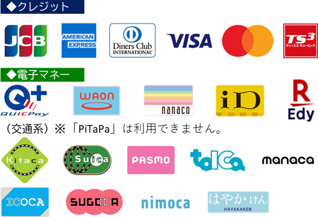 クレジットや電子マネーに加え交通系ICなど種類別に整然と配置された多数の決済ブランドロゴ一覧
