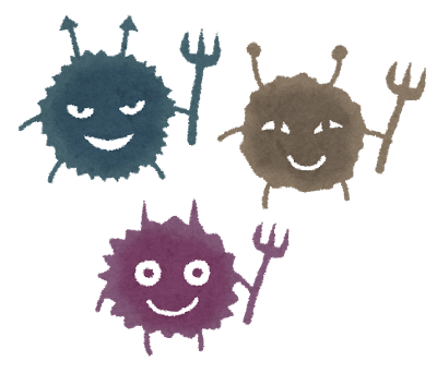三体の異なる色の丸いキャラクターがそれぞれ笑顔を浮かべ、頭に角を生やし片手に三叉のフォークを持つ菌のイラスト