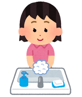 洗面台の前でピンクの服を着た女性が両手に泡をつけて手洗いをしているイラスト