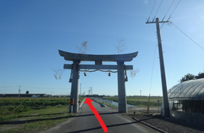 見渡す限りの田園風景が広がる快晴の下、真っ直ぐに伸びる農道の入り口に堂々とした石造りの鳥居が立ち、その先に続く道を示すような赤い矢印が中央に描き込まれた、開放感あふれる郊外の風景を捉えた写真