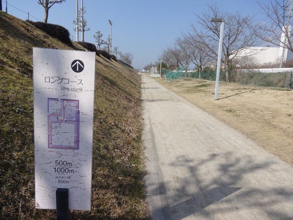 左側に芝生の斜面が続く平坦な舗装路の脇に、ロングコースの経路図や「500メートル 1000メートル」などの距離情報が記された白い案内看板が立っており、奥には等間隔に並ぶ街灯や木々、白い建物が広がる、晴天の日の公園内の写真