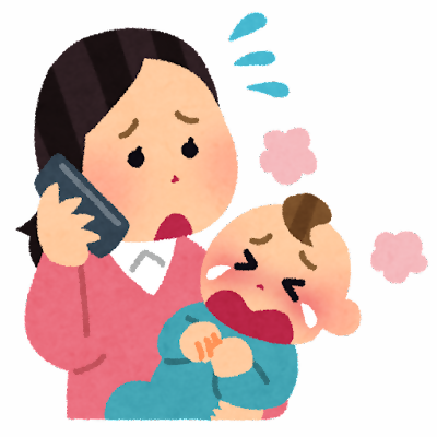 泣き叫ぶ赤ちゃんを抱えながら、お母さんが電話をする様子のイラスト