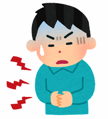 食中毒でおなかを抑え、腹痛をうったえている男性のイラスト
