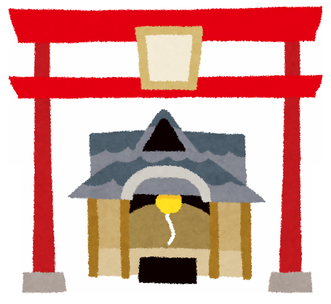 鮮やかな朱色の鳥居が正面にそびえ立ち、その奥に瓦屋根の拝殿と鈴が吊るされたイラスト