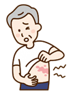 高齢の男性が腹部左側のシャツをめくって赤くなった帯状疱疹のかゆみに耐える姿を動きで強調したイラスト