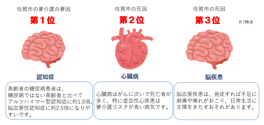 佐賀市の要介護の要因第1位である「認知症」、死因第2位の「心臓病」、第3位の「脳疾患」について、それぞれの臓器のイラストと発症リスクや生活への支障に関する解説文を横に並べて分かりやすく示したイラスト