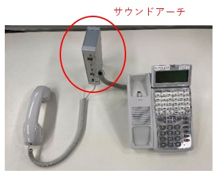 「サウンドアーチ」という赤字のテキストと共に、ビジネス電話機の受話器と本体の間に接続された銀色の細長い通信機器が、分かりやすく赤枠で囲まれて机の上に置かれている写真