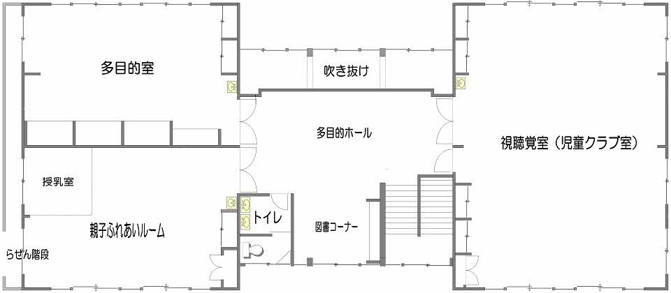 多目的室や親子ふれあいルーム、授乳室、トイレ、図書コーナー、視聴覚室などが左右に配置された2階建物の平面図