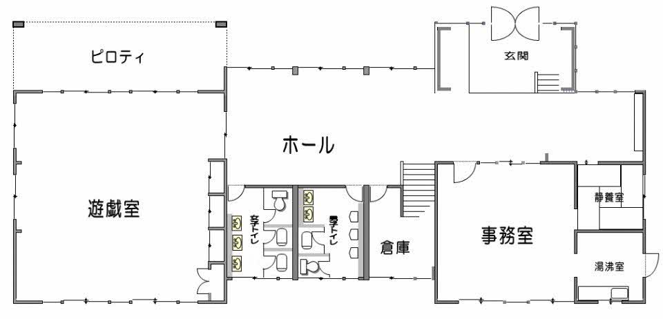 玄関からホールと事務室へ続き、遊戯室や倉庫、男女トイレ、湯沸室などが配置された1階建物の平面図