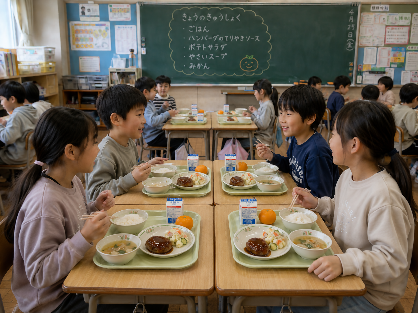 小学校の教室で児童が給食を食べている様子の画像
