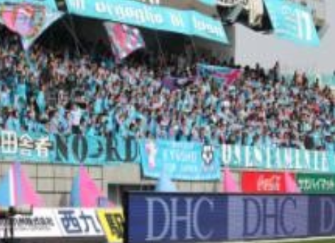 観客席が水色の旗や横断幕で埋まり大勢のサポーターが立ち上がって熱気ある声援を送る様子を捉えた写真