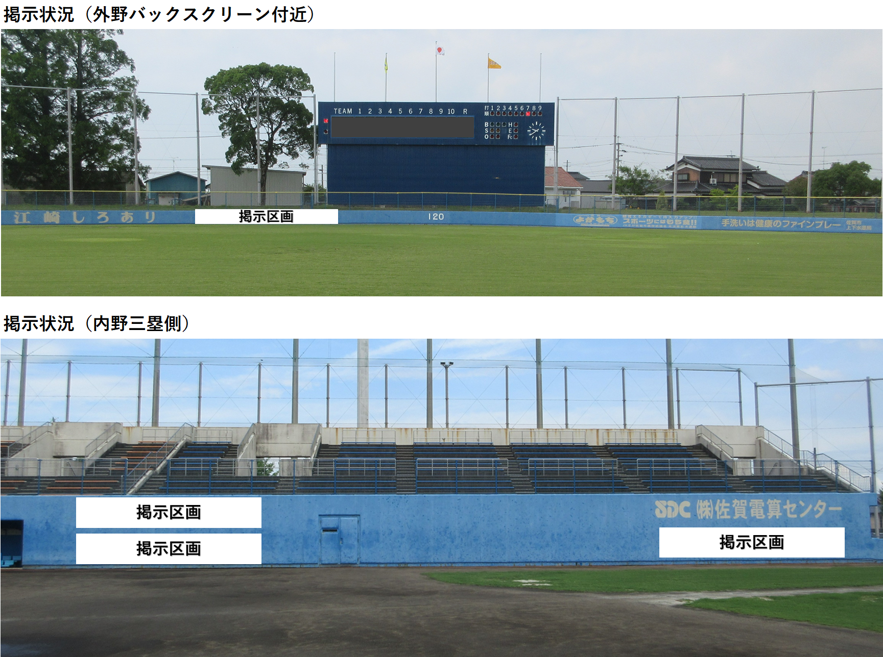 佐賀市立野球場の広告掲示状況を示す2枚の比較写真で、上段には外野バックスクリーンのスコアボード周辺、下段には内野三塁側の観客席下の壁面が写っており、それぞれの壁に白い枠で「掲示区画」の指定場所が示された、案内用の写真