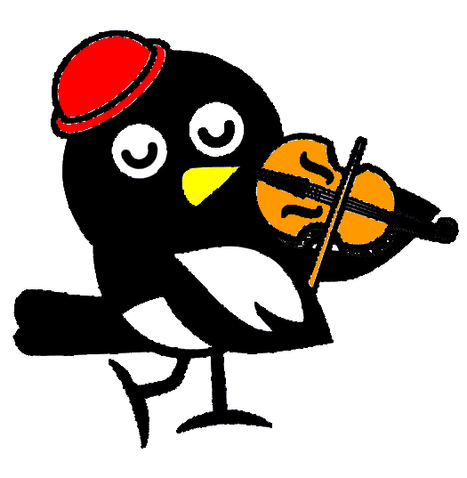 赤い帽子を被った黒い鳥のキャラクターが、目を閉じて穏やかな表情を浮かべながら、茶色のバイオリンを顎に挟んで弓を使い演奏しているイラスト