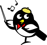 赤い蝶ネクタイに黄色の帽子を被った黒い鳥のキャラクターが、タクトを持ち指揮をしているイラスト