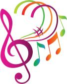 左側に配置された大きなピンク色のト音記号から、オレンジや緑、青など色鮮やかな音符やシャープ記号が、弧を描くようなカラフルなラインに乗って軽やかに飛び出しているイラスト