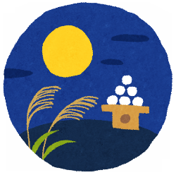 夜空の満月と月見団子とススキのイラスト