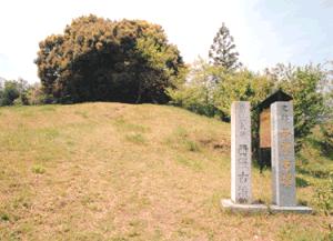 緩やかな草地の丘の上に大きな樹木がこんもりと茂り、その手前に二本の白い石柱と解説板が並んで立てられている写真