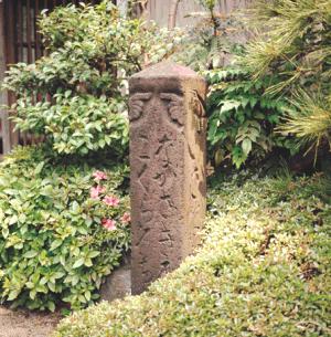 庭の植え込みの中に苔むした角柱状の石碑が刻まれた文字と風化した質感を示し静かに立つ写真